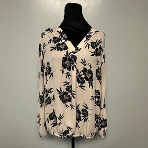 Women's CHAUS new york Blouse L Beige Black Floral Long Sleeve elastic waist